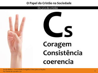 Escola Bíblica – Comunidade Evangélica Cristo para as Nações
Por Daniel de Carvalho Luz
Os 3 Cs do cristão
12
O Papel do Cristão na Sociedade
sCoragem
Consistência
coerencia
 