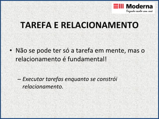 TAREFA E RELACIONAMENTO Não se pode ter só a tarefa em mente, mas o relacionamento é fundamental! Executar tarefas enquanto se constrói relacionamento. 