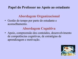 Papel do Professor no Apoio ao estudante Abordagem Organizacional Gestão do tempo por parte do estudante e aconselhamento. Abordagem Cognitiva Apoio, compreensão dos conteúdos, desenvolvimento de competências cognitivas, de estratégias de aprendizagem e motivação. 