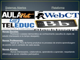 Sistemas Abertos Plataforma
Proprietária
Novas Escolas:
Promover o acesso democrático ao conhecimento (escolha do objeto de
estudo interessado e no tempo desejado).
Novos Professores:
Aplicar as TICs de forma produtiva no processo de ensino-aprendizagem
de acordo com o contexto de cada escola.
Novos Alunos:
Alunos interessados, colaborativos, aprendendo a aprender, respeitando
diferenças e sendo cidadãos participativo
 