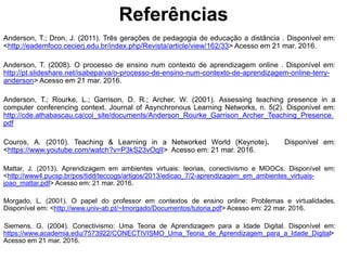 Referências
Anderson, T.; Dron, J. (2011). Três gerações de pedagogia de educação a distância . Disponível em:
<http://eademfoco.cecierj.edu.br/index.php/Revista/article/view/162/33> Acesso em 21 mar. 2016.
Anderson, T. (2008). O processo de ensino num contexto de aprendizagem online . Disponível em:
http://pt.slideshare.net/isabepaiva/o-processo-de-ensino-num-contexto-de-aprendizagem-online-terry-
anderson> Acesso em 21 mar. 2016.
Anderson, T.; Rourke, L.; Garrison, D. R.; Archer, W. (2001). Assessing teaching presence in a
computer conferencing context. Journal of Asynchronous Learning Networks, n. 5(2). Disponível em:
http://cde.athabascau.ca/coi_site/documents/Anderson_Rourke_Garrison_Archer_Teaching_Presence.
pdf
Couros, A. (2010). Teaching & Learning in a Networked World (Keynote). Disponível em:
<https://www.youtube.com/watch?v=P3kS23vOqII> Acesso em: 21 mar. 2016.
Mattar, J. (2013). Aprendizagem em ambientes virtuais: teorias, conectivismo e MOOCs. Disponível em:
<http://www4.pucsp.br/pos/tidd/teccogs/artigos/2013/edicao_7/2-aprendizagem_em_ambientes_virtuais-
joao_mattar.pdf> Acesso em: 21 mar. 2016.
Morgado, L. (2001). O papel do professor em contextos de ensino online: Problemas e virtualidades.
Disponível em: <http://www.univ-ab.pt/~lmorgado/Documentos/tutoria.pdf> Acesso em: 22 mar. 2016.
Siemens, G. (2004). Conectivismo: Uma Teoria de Aprendizagem para a Idade Digital. Disponível em:
https://www.academia.edu/7573922/CONECTIVISMO_Uma_Teoria_de_Aprendizagem_para_a_Idade_Digital>
Acesso em 21 mar. 2016.
 
