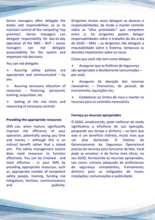 Senior managers often delegate the
duties and responsibilities so as to
maintain control of the competing ‘top
priorities’. Senior managers can
delegate responsibility for day-to-day
operation of the SMS – BUT – senior
managers can not delegate
accountability for the system and
important risk decisions.
You can not delegate:
 Assuring safety policies are
appropriate and communicated – by
you
 Assuring necessary allocation of
resources - financing, personnel,
training, acquisition, etc
 Setting of the risk limits and
resourcing of necessary controls
Providing the appropriate resources
SMS can, when mature, significantly
improve the efficiency of your
operation, potentially saving you time
and money – although this is an
indirect benefit rather that a stated
aim. The safety management system
does need resources to function
effectively. You can be involved - and
most effective - in your SMS by
providing appropriate resources, such
as: appropriate number of competent
safety people, training, funding risk
mitigations, facilities, communications
and publicity.
Dirigentes muitas vezes delegam os deveres e
responsabilidades, de modo a manter controle
sobre as “altas prioridades” que competem
entre si. Os dirigentes podem delegar
responsabilidades sobre o trabalho do dia-a-dia
do SGSO – MAS – os dirigentes não delegam a
imputabilidade sobre o Sistema, tampouco as
decisões importantes sobre os riscos.
Coisas que você não tem como delegar:
 Assegurar que as Políticas de Segurança
são apropriadas e devidamente comunicadas –
por você;
 Assegurar da alocação dos recursos
necessários – financeiros, de pessoal, de
treinamento, aquisições etc;
 Estabelecer os limites de risco e manter os
recursos para os controles necessários.
Forneça os recursos apropriados
O SGSO, amadurecido, pode melhorar de modo
significativo a eficiência de sua operação,
poupando seu tempo e dinheiro – se bem que
este é um benefício indireto, muito mais que
um alvo declarado. O Sistema de
Gerenciamento da Segurança Operacional
precisa de recursos para funcionar de fato. Você
pode se envolver, e da forma mais eficaz, no
seu SGSO, fornecendo os recursos apropriados,
tais como: número adequado de profissionais
de segurança competentes; treinamento;
dinheiro para as mitigações de riscos;
instalações; comunicações e publicidade.
 
