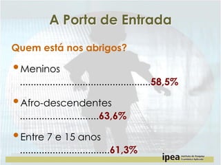 A Porta de Entrada
Quem está nos abrigos?

•Meninos
................................................58,5%

•Afro-descendentes
.............................63,6%

•Entre 7 e 15 anos
.................................61,3%

 