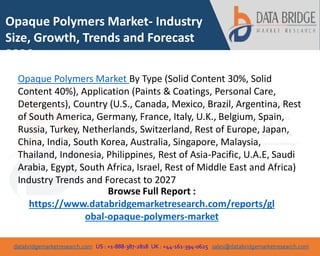 databridgemarketresearch.com US : +1-888-387-2818 UK : +44-161-394-0625 sales@databridgemarketresearch.com
1
Opaque Polymers Market- Industry
Size, Growth, Trends and Forecast
2026
Opaque Polymers Market By Type (Solid Content 30%, Solid
Content 40%), Application (Paints & Coatings, Personal Care,
Detergents), Country (U.S., Canada, Mexico, Brazil, Argentina, Rest
of South America, Germany, France, Italy, U.K., Belgium, Spain,
Russia, Turkey, Netherlands, Switzerland, Rest of Europe, Japan,
China, India, South Korea, Australia, Singapore, Malaysia,
Thailand, Indonesia, Philippines, Rest of Asia-Pacific, U.A.E, Saudi
Arabia, Egypt, South Africa, Israel, Rest of Middle East and Africa)
Industry Trends and Forecast to 2027
Browse Full Report :
https://www.databridgemarketresearch.com/reports/gl
obal-opaque-polymers-market
 