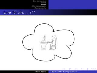 Der Vortragende
                               OTRS
                               OPAR
                    OTRS Community
                      Zusatzmaterial


Einer für alle, ... ???




                          Renée Bäcker   OPAR - OTRS Package ARchive
 