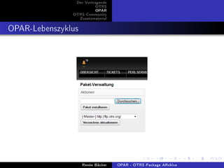Der Vortragende
                          OTRS
                          OPAR
               OTRS Community
                 Zusatzmaterial


OPAR-Lebenszyklus




                    Renée Bäcker   OPAR - OTRS Package ARchive
 