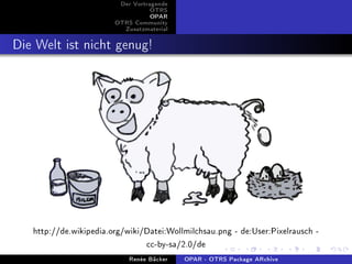 Der Vortragende
                                   OTRS
                                   OPAR
                        OTRS Community
                          Zusatzmaterial


Die Welt ist nicht genug!




   http://de.wikipedia.org/wiki/Datei:Wollmilchsau.png - de:User:Pixelrausch -

                                 cc-by-sa/2.0/de

                            Renée Bäcker   OPAR - OTRS Package ARchive
 