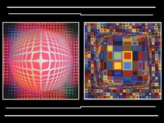 Transparências e cores em projeções; Círculos, quadrados  e triângulos;Imagens abstratas e ondulantes; Impressão 3D;Ilusão de movimento. Universidade de Caracas