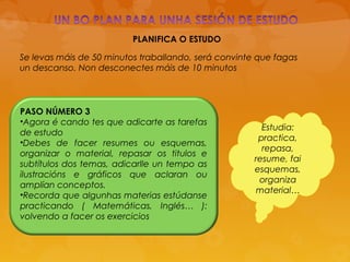 PLANIFICA O ESTUDO
PASO NÚMERO 3
•Agora é cando tes que adicarte as tarefas
de estudo
•Debes de facer resumes ou esquemas,
organizar o material, repasar os titulos e
subtítulos dos temas, adicarlle un tempo as
ilustracións e gráficos que aclaran ou
amplían conceptos.
•Recorda que algunhas materias estúdanse
practicando ( Matemáticas, Inglés… ):
volvendo a facer os exercicios
Se levas máis de 50 minutos traballando, será convinte que fagas
un descanso. Non desconectes máis de 10 minutos
Estudia:
practica,
repasa,
resume, fai
esquemas,
organiza
material…
 