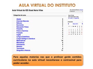 Para aquelas materias nas que o profesor garde contidos
currriculares na aula virtual necesitarase o contrasinal para
poder acceder.
Para aquelas materias nas que o profesor garde contidos
currriculares na aula virtual necesitarase o contrasinal para
poder acceder.
 