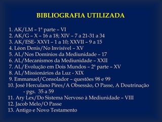 BIBLIOGRAFIA UTILIZADA
1. AK/LM – 1ª parte – VI
2. AK/G – X – 16 a 18; XIV – 7 a 21-31 a 34
3. AK/ESE- XXVI – 1 a 10; XXVII – 9 a 15
4. Léon Denis/No Invisível – XV
5. AL/Nos Domínios da Mediunidade – 17
6. AL/Mecanismos da Mediunidade – XXII
7. AL/Evolução em Dois Mundos – 2ª parte – XV
8. AL/Missionários da Luz - XIX
9. Emmanuel/Consolador – questões 98 e 99
10. José Herculano Pires/A Obsessão, O Passe, A Doutrinação
- pgs. 35 a 59
11. Ary Lex/Do Sistema Nervoso à Mediunidade – VIII
12. Jacob Melo/O Passe
13. Antigo e Novo Testamento
 