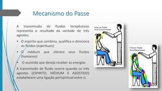 Mecanismo do Passe
A transmissão de fluidos terapêuticos
representa o resultado da vontade de três
agentes:
 O espírito que combina, qualifica e direciona
os fluidos (espirituais)
 O médium que oferece seus fluidos
(humanos)
 O assistido que deseja receber as energias
A transmissão de fluido ocorre quando os três
agentes (ESPIRITO, MÉDIUM E ASSISTIDO)
estabelecem uma ligação perispiritual entre si.
 