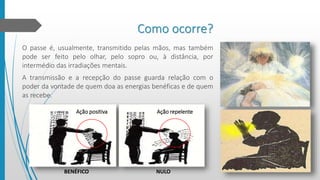Como ocorre?
O passe é, usualmente, transmitido pelas mãos, mas também
pode ser feito pelo olhar, pelo sopro ou, à distância, por
intermédio das irradiações mentais.
A transmissão e a recepção do passe guarda relação com o
poder da vontade de quem doa as energias benéficas e de quem
as recebe.
BENÉFICO NULO
Ação positiva Ação repelente
 