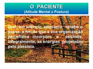 O PACIENTE
O PACIENTE
(Atitude Mental e Postura)
Orar, em silêncio, enquanto recebe o
passe, a fim de que a sua organização
psicofísica incorpore e assimile,
integralmente, as energias projetadas
pelo passista.
 