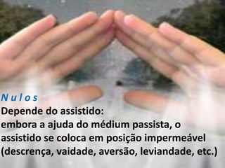 N u l o s
Depende do assistido:
embora a ajuda do médium passista, o
assistido se coloca em posição impermeável
(descrença, vaidade, aversão, leviandade, etc.)
 