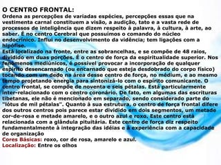 O CENTRO FRONTAL:
Ordena as percepções de variadas espécies, percepções essas que na
vestimenta carnal constituem a visão, a audição, tato e a vasta rede de
processos de inteligência que dizem respeito à palavra, à cultura, à arte, ao
saber. É no centro Cerebral que possuímos o comando do núcleo
endocrínico. Influi no desenvolvimento da vidência; tem ligações com a
hipófise.
Está localizado na fronte, entre as sobrancelhas, e se compõe de 48 raios,
dividido em duas porções. É o centro de força da espiritualidade superior. Nos
fenômenos mediúnicos, é possível provocar a incorporação de qualquer
espírito desencarnado (ou encarnado que esteja desdobrado do corpo físico)
tocando com um dedo na área desse centro de força, no médium, e ao mesmo
tempo projetando energia para sintonizá-lo com o espírito comunicante. O
centro frontal, se compõe de noventa e seis pétalas. Está particularmente
inter-relacionado com o centro coronário. De fato, em algumas das escrituras
tibetanas, ele não é mencionado em separado, sendo considerado parte do
"lótus de mil pétalas". Quanto à sua estrutura, o centro de força frontal difere
dos outros centros pois parece estar dividido em dois segmentos, um metade
cor-de-rosa e metade amarelo, e o outro azul e roxo. Este centro está
relacionada com a glândula pituitária. Este centro de força diz respeito
fundamentalmente à integração das idéias e à experiência com a capacidade
de organização
Cores Básicas: roxo, cor de rosa, amarelo e azul.
Localização: Entre os olhos
 