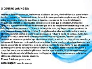 O CENTRO LARÍNGEO:
Preside os fenômenos vocais, inclusive as atividades do timo, da tireóide e das paratireóides.
Auxilia o Homem no desenvolvimento da audição (sons provindos do plano astral). Situado
sobre a garganta, em frente à cartilagem tireóide, esse centro de força tem faixas de
freqüências energéticas distribuídas pelos dezesseis raios que o compõem. Prateado e
brilhante, o próprio brilho do vórtice mostra que ele é de freqüência vibratória superior. Uma
das suas funções é aumentar o consumo de oxigênio, e ela regula portanto os processos de
crescimento e diferenciação de tecidos. A glândula produz o hormônio tireoideano para o
controle do metabolismo, e a calcitonina que ajuda a reduzir o cálcio no sangue. A glândula
tiróide é essencial para o bom funcionamento normal do organismo, uma vez que se
intensifica a síntese de proteína virtualmente em todos os tecidos do corpo. O centro de força
laríngeo está ligado aos centros de força coronário e frontal em determinados estados em que
ocorre a expansão da consciência, além de ser especialmente importante no que diz respeito
às interligações entre os campos mental e etérico. As ligações deste centro de força com o
corpo físico ocorrem através das glândulas tireóide e paratireóide, às quais fornece energia.
Do ponto de vista da clarividência, uma cor límpida e um ritmo regular no centro laríngeo
etérico apontam uma tireóide saudável.
Cores Básicas: prata e azul.
Localização: base do pescoço
 