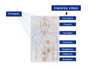 Continuando, identificamos o 'centro gástri-
co', que se responsabiliza pela penetração de
alimentos e fluidos em nossa organização e,
por fim, temos o 'centro genésico', em que
se localiza o santuário do sexo, como templo
modelador de formas e estímulos.” (CLA-
RÊNCIO, Entre a terra e o céu, p. 127-128).
 