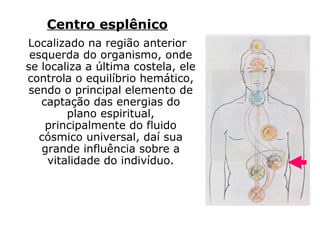 Centro laríngeo
Localizado na região anterior do
pescoço é ele que exerce
controle sobre a respiração e
fonação, estando também
ligado ao mecanismo da
audição. É um centro muito
importante, pois a
materialização das ideias
através da palavra reforça, em
muito, a precisão das formas
que estão sendo plasmadas
por ação do pensamento.
Também tem ligações com a
audição mediúnica.
 
