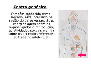 Centro esplênico
Localizado na região anterior
esquerda do organismo, onde
se localiza a última costela, ele
controla o equilíbrio hemático,
sendo o principal elemento de
captação das energias do
plano espiritual,
principalmente do fluido
cósmico universal, daí sua
grande influência sobre a
vitalidade do indivíduo.
 