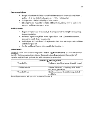 10
Accommodations:
• Finger placements marked on instrument with color-coded stickers: red = 1,
yellow = 3 (2 for violin/viola), green = 4 (3 for violin/viola)
• String names labeled on bridge of instrument
• Stand partners: student is seated next to a friend/strong peer to lean on for
support and to see the expectation
Modifications:
• Repertoire provided in levels (1, 2, 3) progressively moving from fingerings
to music notation
• Modified repertoire (down beats, eighth notes (ti-ti's); note heads can be
colored to match finger placements
• Guided practice time: limit 3-5 repetitions then switch with partner for break
until timer goes off
• Set-Up and Pack-Up checklist provided with pictures
Assessment:
Informal; check for understanding with Thumbs Up/Middle/Down. Ask students to show
their level of understanding with one thumb direction. Depending on the number of
thumbs middle/down, go back and address concerns as needed.
Thumbs Up/Middle/Down
Thumbs Up I feel super confident about this skill/song!
Thumbs Middle I feel ok about this skill/song. With more
time, I will get better!
Thumbs Down I don’t understand this skill/song at all. I
need help.
Formal assessment will not take place until lesson 6.
 