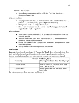 16
Summary and Pack-Up
• Remind students that there will be a “Playing Test” next time before
dismissing for pack-up.
Accommodations:
• Finger placements marked on instrument with color-coded stickers: red = 1,
yellow = 3 (2 for violin/viola), green = 4 (3 for violin/viola)
• String names labeled on bridge of instrument
• Stand partners: student is seated next to a friend/strong peer to lean on for
support and to see the expectation
Modifications:
• Repertoire provided in levels (1, 2, 3) progressively moving from fingerings
to music notation
• Modified repertoire (down beats, eighth notes (ti-ti's); note heads can be
colored to match finger placements
• Guided practice time: limit 3-5 repetitions then switch with partner for break
until timer goes off
• Set-Up and Pack-Up checklist provided with pictures
Assessment:
Informal; check for understanding with Thumbs Up/Middle/Down. Ask students to show
their level of understanding with one thumb direction. Depending on the number of
thumbs middle/down, go back and address concerns as needed (chart on next page).
Thumbs Up/Middle/Down
Thumbs Up I feel super confident about this skill/song!
Thumbs Middle I feel ok about this skill/song. With more
time, I will get better!
Thumbs Down I don’t understand this skill/song at all. I
need help.
Formal assessment will not take place until lesson 6.
 