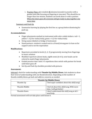 7
i. Practice Time: give students X minutes/seconds to practice with a
guided task (like focusing on fingering or staccato). This should be no
longer than one minute. Students can work alone or with a partner.
When the timer goes off, everyone will get ready to play together one
more time.
Summary and Pack-Up
• Summarize learning by playing the first line as a group before dismissing for
pack-up.
Accommodations:
• Finger placements marked on instrument with color-coded stickers: red = 1,
yellow = 3 (2 for violin/viola), green = 4 (3 for violin/viola)
• String names labeled on bridge of instrument
• Stand partners: student is seated next to a friend/strong peer to lean on for
support and to see the expectation
Modifications:
• Repertoire provided in levels (1, 2, 3) progressively moving from fingerings
to music notation
• Modified repertoire (down beats, eighth notes (ti-ti's); note heads can be
colored to match finger placements
• Guided practice time: limit 3-5 repetitions then switch with partner for break
until timer goes off
• Set-Up and Pack-Up checklist provided with pictures
Assessment:
Informal; check for understanding with Thumbs Up/Middle/Down. Ask students to show
their level of understanding with one thumb direction. Depending on the number of
thumbs middle/down, go back and address concerns as needed.
Thumbs Up/Middle/Down
Thumbs Up I feel super confident about this skill/song!
Thumbs Middle I feel ok about this skill/song. With more
time, I will get better!
Thumbs Down I don’t understand this skill/song at all. I
need help.
Formal assessment will not take place until lesson 6.
 