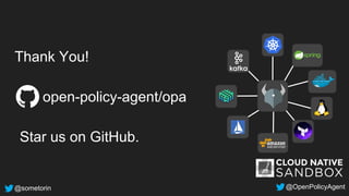 @sometorin @OpenPolicyAgent
Thank You!
open-policy-agent/opa
Star us on GitHub.
 