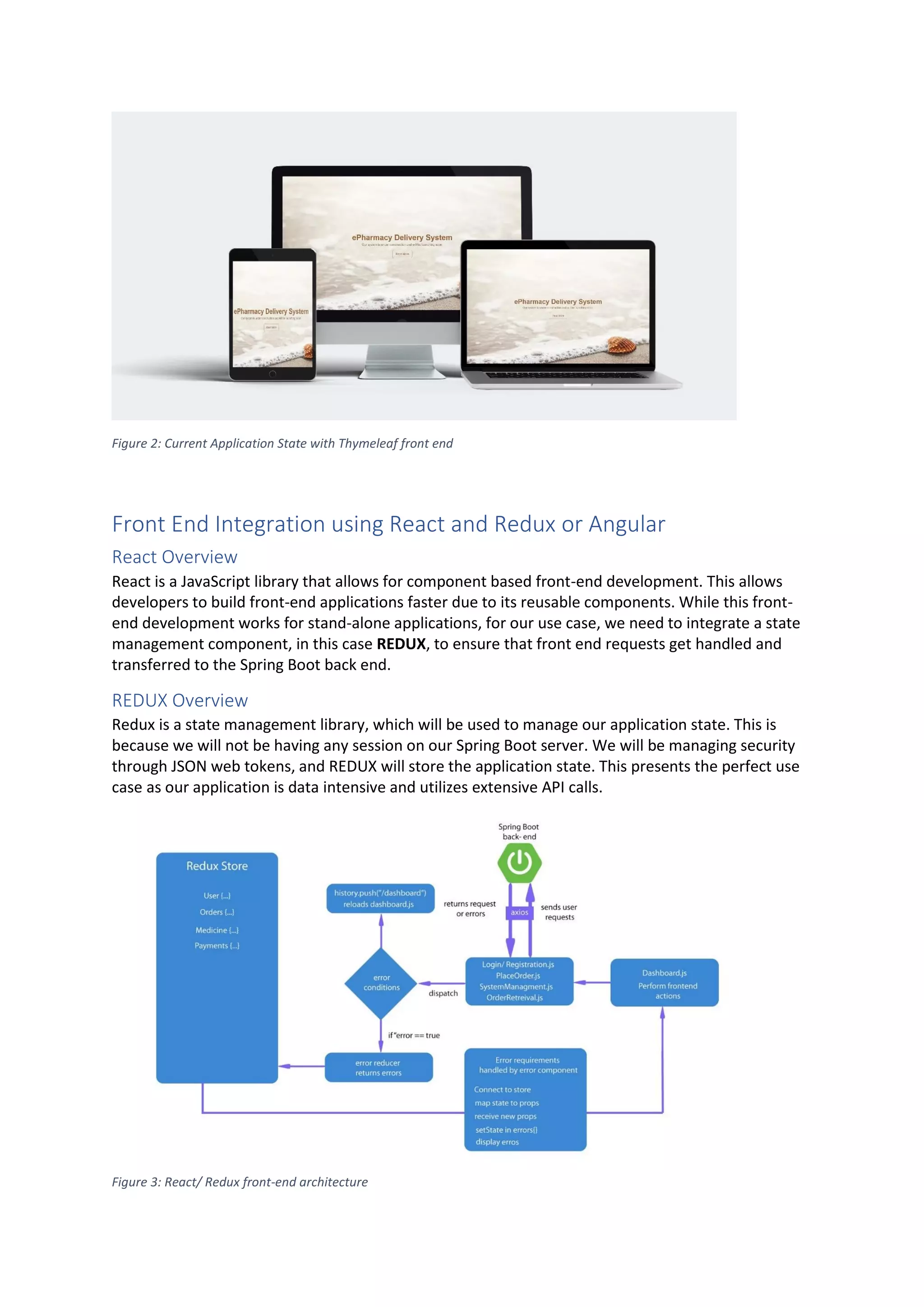 Figure 2: Current Application State with Thymeleaf front end
Front End Integration using React and Redux or Angular
React Overview
React is a JavaScript library that allows for component based front-end development. This allows
developers to build front-end applications faster due to its reusable components. While this front-
end development works for stand-alone applications, for our use case, we need to integrate a state
management component, in this case REDUX, to ensure that front end requests get handled and
transferred to the Spring Boot back end.
REDUX Overview
Redux is a state management library, which will be used to manage our application state. This is
because we will not be having any session on our Spring Boot server. We will be managing security
through JSON web tokens, and REDUX will store the application state. This presents the perfect use
case as our application is data intensive and utilizes extensive API calls.
Figure 3: React/ Redux front-end architecture
 