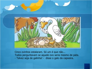 Cinco ovinhos estalaram. Só um é que não... Todos perguntavam se aquele ovo seria mesmo de pata. Talvez seja de galinha! - disse o galo da capoeira.