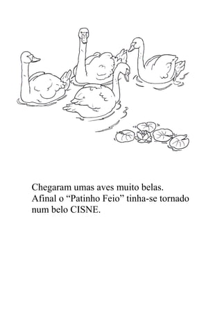 Chegaram umas aves muito belas.
Afinal o “Patinho Feio” tinha-se tornado
num belo CISNE.
 