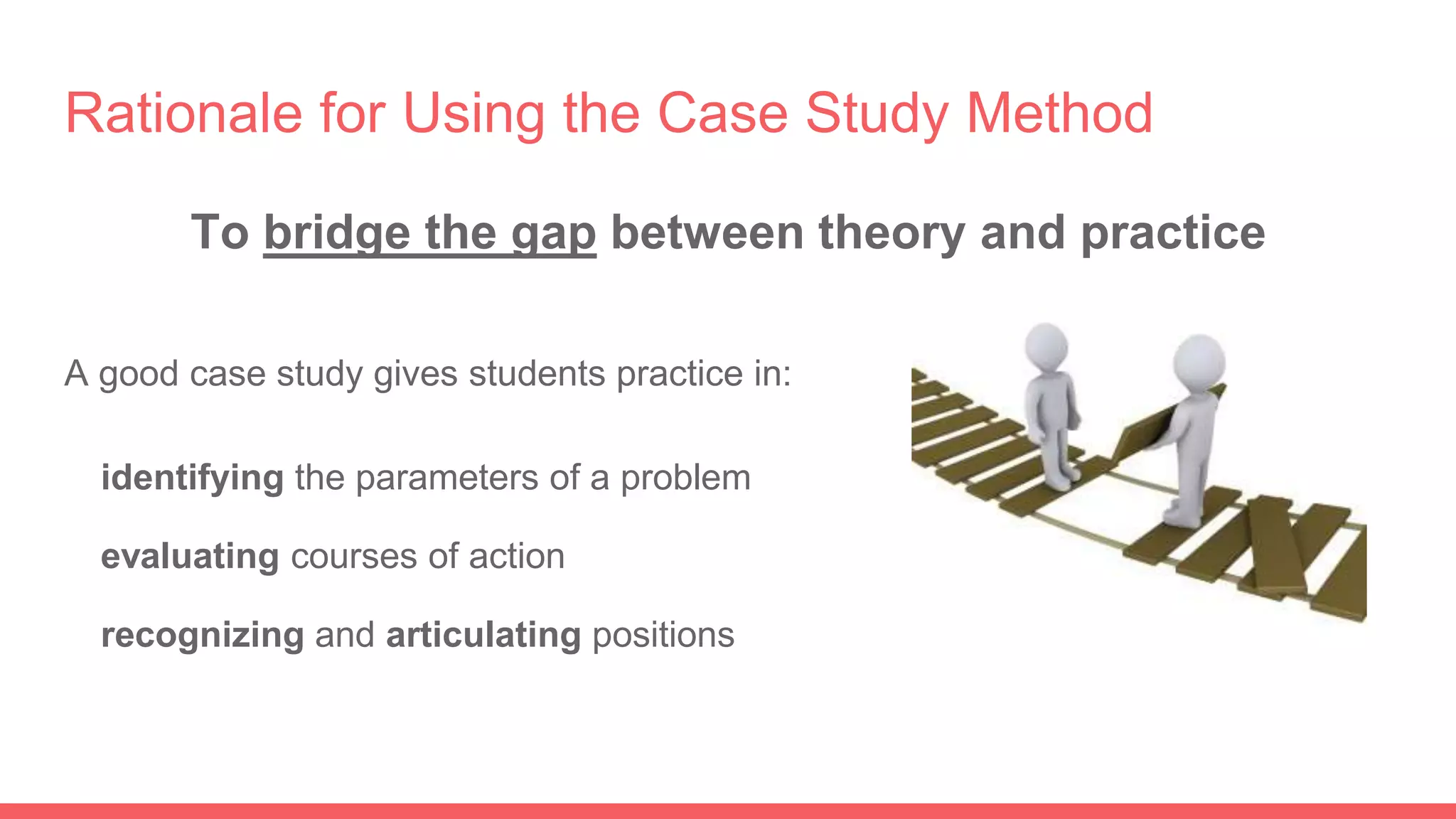 Rationale for Using the Case Study Method
To bridge the gap between theory and practice
A good case study gives students practice in:
identifying the parameters of a problem
evaluating courses of action
recognizing and articulating positions
 