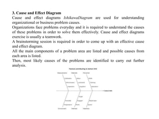 3. Cause and Effect Diagram
Cause and effect diagrams IshikawaDiagram are used for understanding
organizational or business problem causes.
Organizations face problems everyday and it is required to understand the causes
of these problems in order to solve them effectively. Cause and effect diagrams
exercise is usually a teamwork.
A brainstorming session is required in order to come up with an effective cause
and effect diagram.
All the main components of a problem area are listed and possible causes from
each area is listed.
Then, most likely causes of the problems are identified to carry out further
analysis.
 