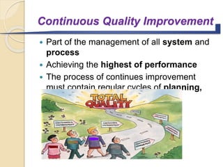 Continuous Quality Improvement
 Part of the management of all system and
process
 Achieving the highest of performance
 The process of continues improvement
must contain regular cycles of planning,
execution and evolution
 