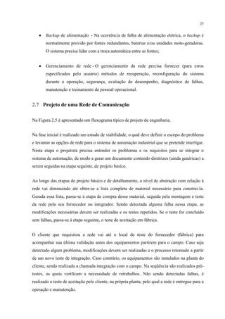 25


   •   Backup de alimentação - Na ocorrência de falha de alimentação elétrica, o backup é
       normalmente provido por fontes redundantes, baterias e/ou unidades moto-geradoras.
       O sistema precisa lidar com a troca automática entre as fontes;


   •   Gerenciamento de rede - O gerenciamento da rede precisa fornecer (para erros
       especificados pelo usuário) métodos de recuperação, reconfiguração do sistema
       durante a operação, segurança, avaliação de desempenho, diagnóstico de falhas,
       manutenção e treinamento de pessoal operacional.


2.7 Projeto de uma Rede de Comunicação

Na Figura 2.5 é apresentado um fluxograma típico de projeto de engenharia.


Na fase inicial é realizado um estudo de viabilidade, o qual deve definir o escopo do problema
e levantar as opções de rede para o sistema de automação industrial que se pretende interligar.
Nesta etapa o projetista precisa entender os problemas e os requisitos para se integrar o
sistema de automação, de modo a gerar um documento contendo diretrizes (ainda genéricas) a
serem seguidas na etapa seguinte, de projeto básico.


Ao longo das etapas de projeto básico e de detalhamento, o nível de abstração com relação à
rede vai diminuindo até obter-se a lista completa de material necessário para construí-la.
Gerada essa lista, passa-se à etapa de compra desse material, seguida pela montagem e teste
da rede pelo seu fornecedor ou integrador. Sendo detectada alguma falha nessa etapa, as
modificações necessárias devem ser realizadas e os testes repetidos. Se o teste for concluído
sem falhas, passa-se à etapa seguinte, o teste de aceitação em fábrica.


O cliente que requisitou a rede vai até o local de teste do fornecedor (fábrica) para
acompanhar sua última validação antes dos equipamentos partirem para o campo. Caso seja
detectado algum problema, modificações devem ser realizadas e o processo retomado a partir
de um novo teste de integração. Caso contrário, os equipamentos são instalados na planta do
cliente, sendo realizada a chamada integração com o campo. Na seqüência são realizados pré-
testes, os quais verificam a necessidade de retrabalhos. Não sendo detectadas falhas, é
realizado o teste de aceitação pelo cliente, na própria planta, pelo qual a rede é entregue para a
operação e manutenção.
 