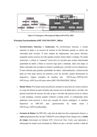 36




                    Figura 3.3 Namespace e Hierarquia de Objetos (IWANITZ, 2002)


Principais Funcionalidades (OPC FOUNDATION , 2003a)


   •   Escrita/Leitura Síncrona e Assíncrona: Na escrita/leitura síncrona, o cliente
       requisita os dados e os recursos de sistema só são liberados quando os valores são
       retornados pelo servidor. É mais simples de implementar, mas pouco eficiente,
       ocupando muitos recursos de rede quando existem muitos dados a trafegar. No modo
       assíncrono, o cliente se “cadastra” (subscribe) no servidor para receber determinada
       quantidade de dados e libera os recursos logo após a chamada. Após esta etapa, os
       dados solicitados são enviados ao cliente à medida que o servidor os tiver disponíveis.
       É mais eficiente para grandes quantidades de dados. Adicionalmente, a leitura/escrita
       pode ser feita tanto através da memória cache do servidor, quanto diretamente no
       dispositivo. Alguns exemplos de interface são:                 OPCGroup::IOPCSyncIO,
       OPCGroup::IOPCAsyncIO entre outras (OPC FOUNDATION, 2003a);


   •   Banda Morta: Por banda morta (deadband), entende-se uma faixa de valores (relativa
       ao range de leitura) na qual variações não causam envio de dados para o servidor. Isto
       permite economia de recursos de rede, já que o servidor não precisa enviar os valores
       a cada mudança, somente quando violarem a banda morta. A configuração deste
       parâmetro torna possível o envio por exceção de valores analógicos. A interface
       disponível      na     OPC-DA       para     gerenciamento      da    banda   morta   é
       OPCGroup::IOPCDeadBandMgt;


   •   Formato de Dados: Na OPC-DA, cada item de dado tem três componentes básicos: o
       valor propriamente dito, do tipo VARIANT (com subtipos Float, Integer etc); a rótulo
       de tempo (timestamp) no formato UTC (Universal Time Code), que representa a
       informação do tempo (com resolução de 100ns) em que o servidor recebeu o dado de
 