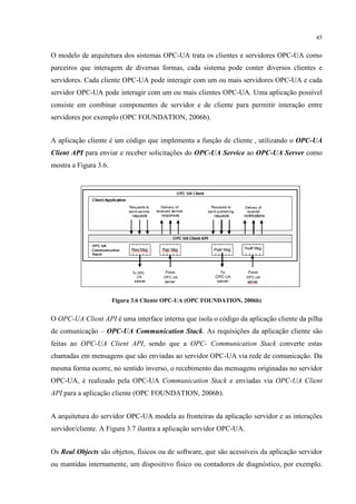 45


O modelo de arquitetura dos sistemas OPC-UA trata os clientes e servidores OPC-UA como
parceiros que interagem de diversas formas, cada sistema pode conter diversos clientes e
servidores. Cada cliente OPC-UA pode interagir com um ou mais servidores OPC-UA e cada
servidor OPC-UA pode interagir com um ou mais clientes OPC-UA. Uma aplicação possível
consiste em combinar componentes de servidor e de cliente para permitir interação entre
servidores por exemplo (OPC FOUNDATION, 2006b).


A aplicação cliente é um código que implementa a função de cliente , utilizando o OPC-UA
Client API para enviar e receber solicitações do OPC-UA Service ao OPC-UA Server como
mostra a Figura 3.6.




                       Figura 3.6 Cliente OPC-UA (OPC FOUNDATION, 2006b)


O OPC-UA Client API é uma interface interna que isola o código da aplicação cliente da pilha
de comunicação – OPC-UA Communication Stack. As requisições da aplicação cliente são
feitas ao OPC-UA Client API, sendo que a OPC- Communication Stack converte estas
chamadas em mensagens que são enviadas ao servidor OPC-UA via rede de comunicação. Da
mesma forma ocorre, no sentido inverso, o recebimento das mensagens originadas no servidor
OPC-UA, é realizado pela OPC-UA Communication Stack e enviadas via OPC-UA Client
API para a aplicação cliente (OPC FOUNDATION, 2006b).


A arquitetura do servidor OPC-UA modela as fronteiras da aplicação servidor e as interações
servidor/cliente. A Figura 3.7 ilustra a aplicação servidor OPC-UA.


Os Real Objects são objetos, físicos ou de software, que são acessíveis da aplicação servidor
ou mantidas internamente, um dispositivo físico ou contadores de diagnóstico, por exemplo.
 