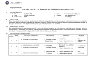 I.E. FE Y ALEGRÍA Nº 37
.          .     E. MONTENEGRO – S.J.L.


                 Reprogramación
                                              TERCERA UNIDAD DE APRENDIZAJE: Opciones Profesionales - 5º SEC.
    I.           DATOS INFORMATIVOS:
                     I.E.:                     Fe y Alegría Nº 37                                                      Fecha:              Del 17 de mayo Del al 18 de junio
                     Curso:                    Opciones Profesionales.                                                 Profesora:          David Janampa Herrera
                     Grado / sección:          5º A, B, C                                                                                  Nerida Callirgos

    II.           JUSTIFICACIÓN:
               El área se orienta a brindar oportunidades de aprendizaje a partir del desarrollo de capacidades considerando varios aspectos de la interacción humana como la participación,
               la equidad de genero, la seguridad, la sostenibilidad, las garantías de los derechos humanos y otros reconocidos como necesarios para lograr una vida plena y saludable, es
               decir, gozar del respeto por si mismo, la potenciación de la persona y el sentido de pertenencia a una comunidad.

    III.         PROPÓSITOS DE LA UNIDAD:
               Que cada estudiante desarrolle su personalidad a partir de la comprensión de los cambios que se dan en la adolescencia y la relación con las personas de su entorno
               inmediato, implica el reconocimiento de sus capacidad, actitudes, sentimientos e intereses y la progresiva afirmación de su autoconcepto, autoestima y habilidades para la vida
               desarrollando en este proceso su autonomía y el establecimiento de relaciones interpersonales adecuadas.

    IV.          ORGANIZACIÓN DE LOS APRENDIZAJES:
                  N°
               SESIONES
                           TIEMPO               HABILIDADES / SUBHABILIDAD                        CONOCIMIENTOS                         ESTRATEGIAS                         RECURSOS

                                                                                                                            •   Lluvia de ideas.                      •   Libros
                                          •    RELACIONES INTERPERSONALES                    1. Habilidades Sociales
                   1          2                                                                                                                                       •   Cinta masking tape
                                                                                                Características             •   Lectura e interpretación de textos
                                                                                                                                                                      •   papelotes
                                                                                                                            Organizadores gráficos
                                          •    CONSTRUCCIÓN DE LA AUTONOMÍA                                                  • Desarrollo de fichas de trabajo
                                                                                             2. . Principales                                                         •   Aula de Telemática
                   1          2                                                                                                (telemática).
                                          •    RELACIONES INTERPERSONALES                       Habilidades Sociales                                                  •   Ficha de trabajo
                                                                                                                            •   Lectura e interpretación de textos.


                                                                                             3. Orientaciones de la         •   Lectura e interpretación de textos    •   Libro
                   1          2
                                          •    RELACIONES INTERPERSONALES                       Personalidad.               •   Desarrollo de fichas de trabajo       •   Ficha de trabajo
 