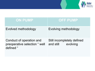 ON PUMP OFF PUMP
Evolved methodology Evolving methodology
Conduct of operation and
preoperative selection “ well
defined “
Still incompletely defined
and still evolving
 