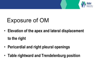 Exposure of OM
• Elevation of the apex and lateral displacement
to the right
• Pericardial and right pleural openings
• Table rightward and Trendelenburg position
 