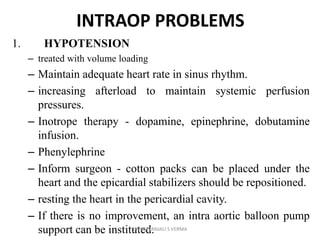 INTRAOP PROBLEMS
1. HYPOTENSION
– treated with volume loading
– Maintain adequate heart rate in sinus rhythm.
– increasing afterload to maintain systemic perfusion
pressures.
– Inotrope therapy - dopamine, epinephrine, dobutamine
infusion.
– Phenylephrine
– Inform surgeon - cotton packs can be placed under the
heart and the epicardial stabilizers should be repositioned.
– resting the heart in the pericardial cavity.
– If there is no improvement, an intra aortic balloon pump
support can be instituted.DR GEETANJALI S VERMA
 