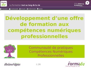Développement d’une offre
de formation aux
compétences numériques
professionnelles
Communauté de pratiques
Compétences Numériques
Professionnelles
1 |30

 