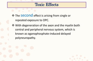  The second effect is arising from single or
repeated exposure to OPC.
 With degeneration of the axon and the myelin both
central and peripheral nervous system, which is
known as oganophosphate-induced delayed
polyneuropathy.
Toxic Effects
 