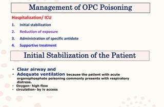Hospitalization/ ICU
1. Initial stabilization
2. Reduction of exposure
3. Administration of specific antidote
4. Supportive treatment
• Clear airway and
• Adequate ventilation because the patient with acute
organophosphate poisoning commonly presents with respiratory
distress.
• Oxygen- high flow
• circulation- by iv access
Management of OPC Poisoning
Initial Stabilization of the Patient
 