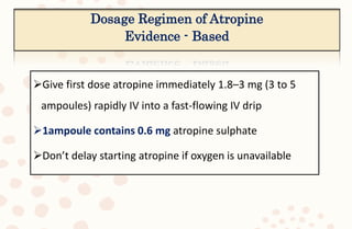 Dosage Regimen of Atropine
Evidence - Based
Give first dose atropine immediately 1.8–3 mg (3 to 5
ampoules) rapidly IV into a fast-flowing IV drip
1ampoule contains 0.6 mg atropine sulphate
Don’t delay starting atropine if oxygen is unavailable
 