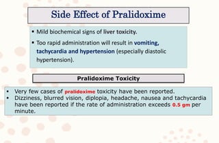  Mild biochemical signs of liver toxicity.
 Too rapid administration will result in vomiting,
tachycardia and hypertension (especially diastolic
hypertension).
 Very few cases of pralidoxime toxicity have been reported.
 Dizziness, blurred vision, diplopia, headache, nausea and tachycardia
have been reported if the rate of administration exceeds 0.5 gm per
minute.
Side Effect of Pralidoxime
Pralidoxime Toxicity
 