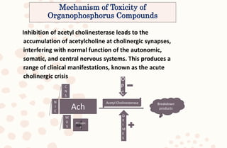 Inhibition of acetyl cholinesterase leads to the
accumulation of acetylcholine at cholinergic synapses,
interfering with normal function of the autonomic,
somatic, and central nervous systems. This produces a
range of clinical manifestations, known as the acute
cholinergic crisis
Ach
Acetyl Cholinesterase Breakdown
products
O
P
C
O
X
I
M
E
S
C
N
S
N
I
C
M
U
S
Atropin
e
Mechanism of Toxicity of
Organophosphorus Compounds
 