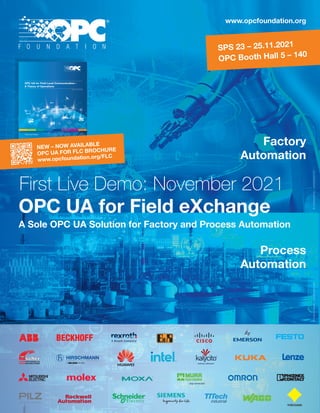www.opcfoundation.org
1
67
Technical Paper
Version 1 // November 2020
OPC UA for Field Level Communication –
A Theory of Operations
Technical Paper
Version 1 // November 2020
Technical Paper
Technical Paper
OPC UA for Field Level Communication –
A Theory of Operations
OPC_FLC_Technical_Paper_C2C_lay16.indd 1 29.10.20 11:06
First Live Demo: November 2021
Factory
Automation
NEW – NOW AVAILABLE
OPC UA FOR FLC BROCHURE
www.opcfoundation.org/FLC
SPS 23 – 25.11.2021
OPC Booth Hall 5 – 140
OPC UA for Field eXchange
A Sole OPC UA Solution for Factory and Process Automation
Process
Automation
©
metamorworks
–
shutterstock.com
©
metamorworks
–
shutterstock.com
 