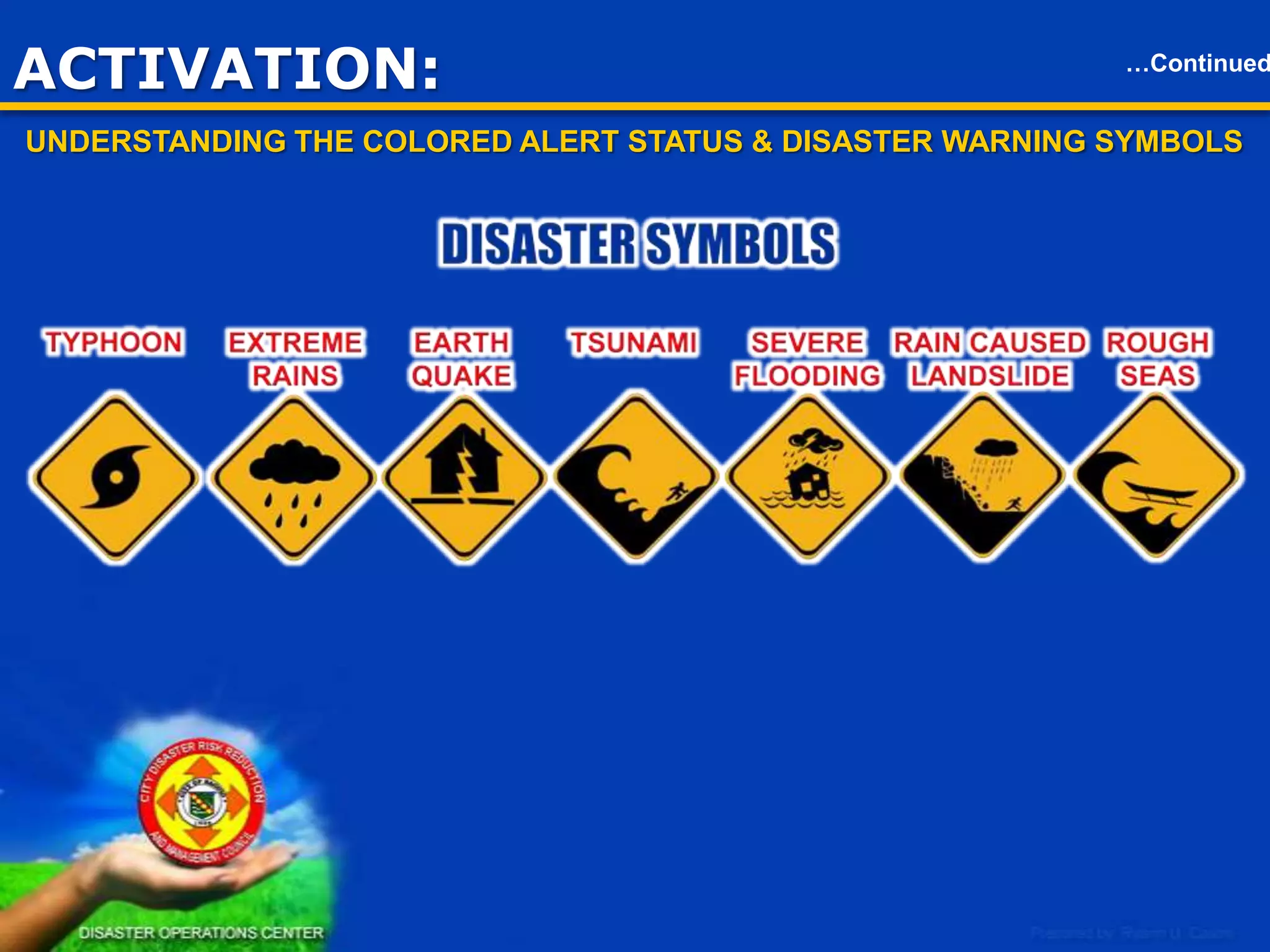 ACTIVATION
UNDERSTANDING THE COLORED ALERT STATUS & DISASTER WARNING SYMBOLS
NOTIFICATION - When an event/disaster occurs, notification is made to
all partner agencies, and CDRRMC Disaster Operations Center support
staff who needs to take actions as part of their pre-assigned tasks and
responsibilities;
BLUE ALERT (PARTIAL ACTIVATION) - An initial limited or
a post Red Alert scaled down operational condition of the
Disaster Operations Center (DOC). All field personnel go
on stand-by, assets pre-positioned for easy deployment;
RED ALERT (FULL ACTIVATION) - All primary and
secondary support agencies of the CDRRMC are on
active status/on-call, manning respective stations
along with DOC staff, while directing-coordinating
personnel/assets on a 24-hour basis during an ongoing event;
DEACTIVATION - The DOC Chief as may be directed
by the Chief Executive or Action Officer to deactivate
the alert status and normal operations of the
Disaster Operations Center resumes.

19

STAGES or LEVELS
of ACTIVATION for
DRRMCs

 
