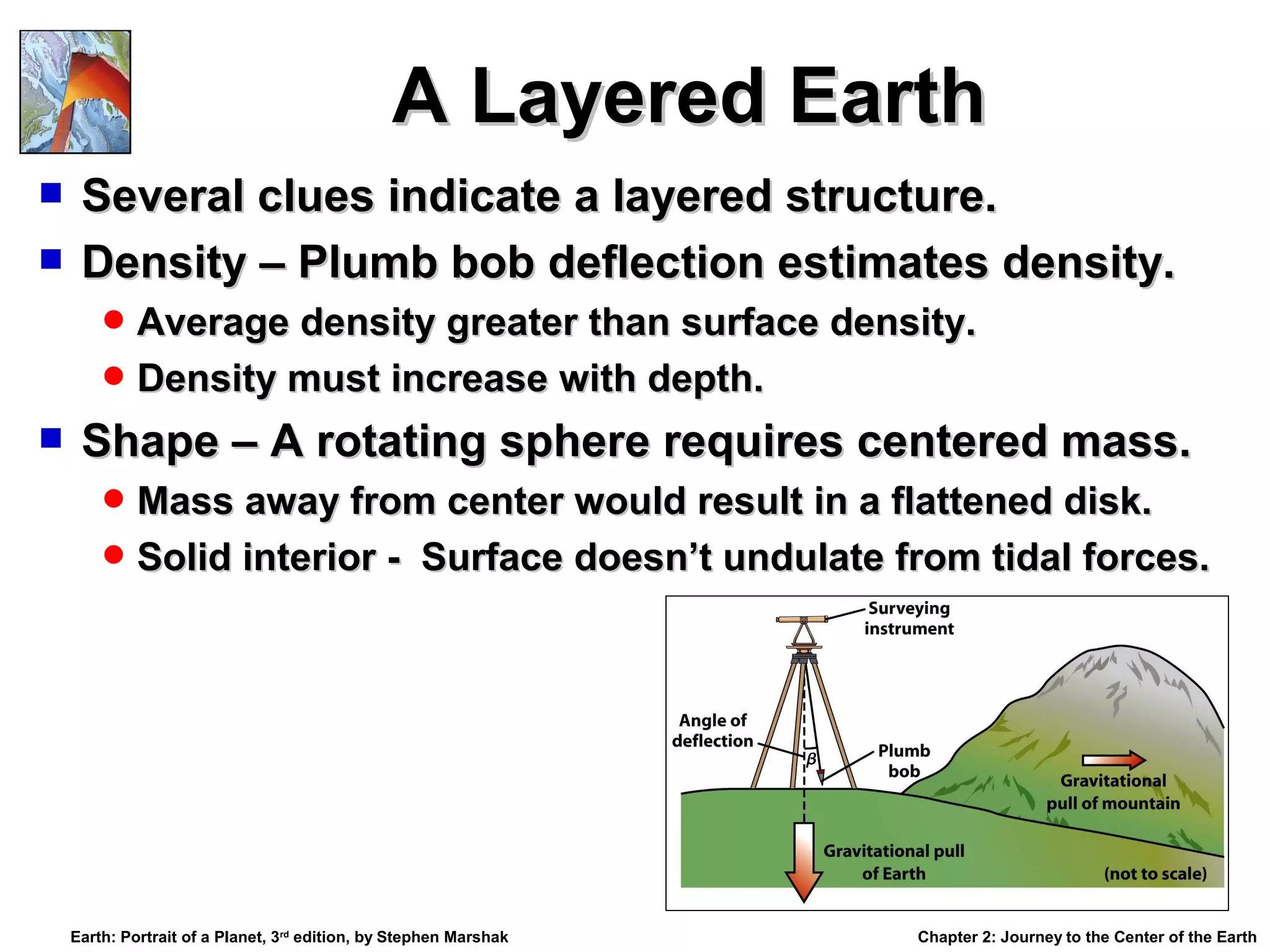 A Layered Earth
Several clues indicate a layered structure.
 Density – Plumb bob deflection estimates density.


 Average density greater than surface density.
 Density must increase with depth.



Shape – A rotating sphere requires centered mass.
 Mass away from center would result in a flattened disk.
 Solid interior - Surface doesn’t undulate from tidal forces.

Earth: Portrait of a Planet, 3rd edition, by Stephen Marshak

Chapter 2: Journey to the Center of the Earth

 